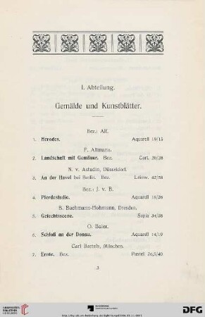 I. Abteilung. Gemälde und Kunstblätter (Nr. 1-254)