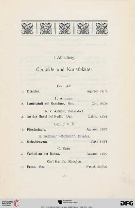 I. Abteilung. Gemälde und Kunstblätter (Nr. 1-254)