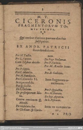 M. T. Ciceronis Fragmentorum Tomus Primus