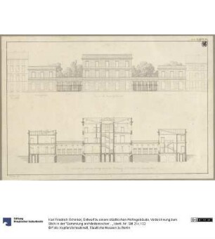 Entwurf zu einem städtischen Wohngebäude. Vorzeichnung zum Stich in der "Sammlung architektonischer Entwürfe", Heft 10, Tafel 66, 1826