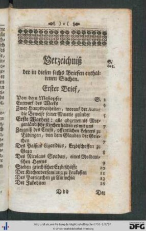 Verzeichniß der in diesen sechs Briefen enthaltenen Sachen.