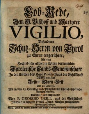 Lobrede von dem h. Bischof Virgilio Schutzherrn von Tyrol