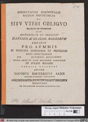 Dissertatio Inavgvralis Medico Obstetricia De Sitv Vteri Obliqvo