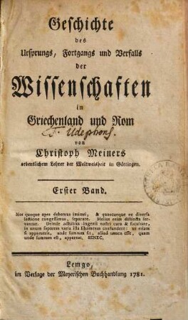 Geschichte des Ursprungs, Fortgangs und Verfalls der Wissenschaften in Griechenland und Rom, 1