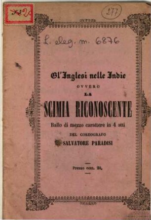 Gli Inglesi nelle Indie ossia La Scimia riconoscente : ballo di mezzo carattere in quattro atti ; al Teatro Civico di Cuneo