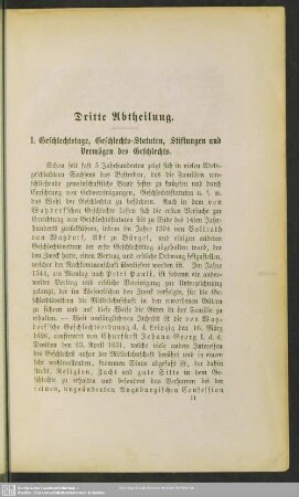 Dritte Abtheilung. [Geschlechtstage, Geschlechts-Statuten, Stiftungen, Vermögen, Wappen]