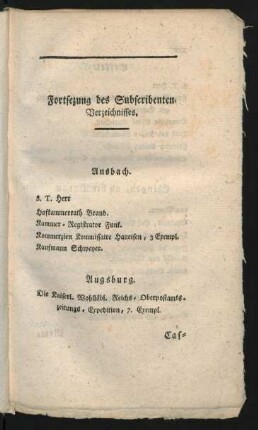 Fortsetzung des Subscribenten Verzeichnisses