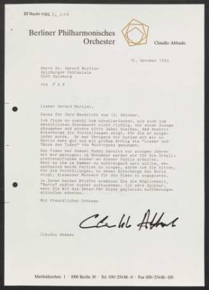 Brief an Gerard Mortier an Salzburger Festspiele, 15.10.1993