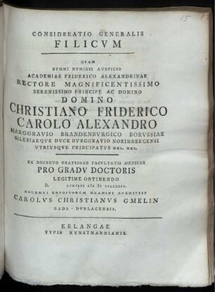 Consideratio Generalis Filicum : D. [] Aprilis M D CCLXXXIV.