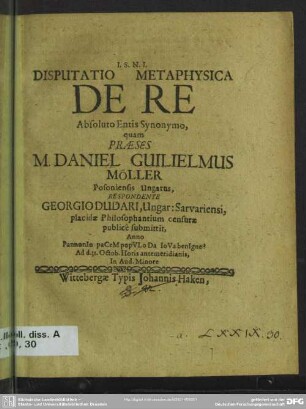Disputatio metaphysica de re absoluto entis synonymo
