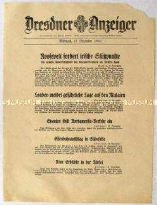 Nachrichtenblatt "Dresdner Anzeiger" u.a. zum Begehr, irische Stützpunkte in Queenstown und Berchhaven für Benutzung der Aliierten freizugeben