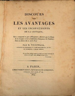 Discours sur les avantages et les inconvénients de la critique