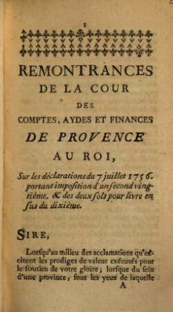 Remonstrances de la cour des comptes ... de Provence