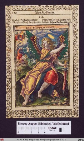Sitzender Engel mit in der Scheide steckendem Schwert, im Hintergrund das Opfer Abrahams.