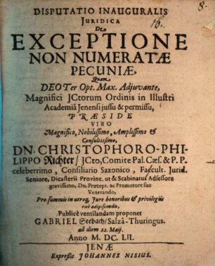 Disp. inaug. iur. de exceptione non numeratae pecuniae