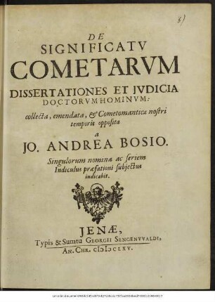 De Significatu Cometarum Dissertationes Et Iudicia Doctorum Hominum