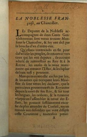 La Noblesse Françoise au Chancellier