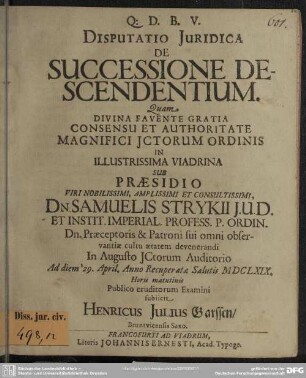 Disputatio juridica de successione descendentium