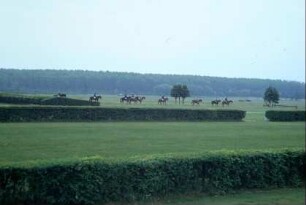 Anlagen der Pferderennbahn auf dem Boxberg; Pferde und Reiter