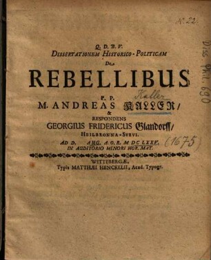 Dissertationem Historico-Politicam De Rebellibus