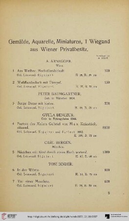 Gemälde, Aquarelle, Miniaturen, 1 Wiegand aus Wiener Privatbesitz (Nr. 1-142)