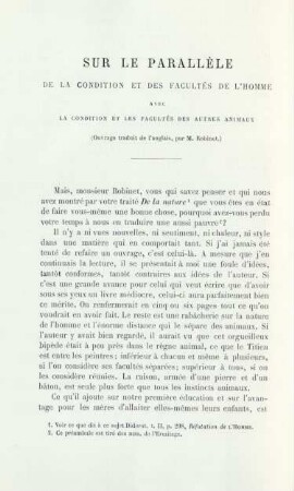Sur le Parallèle de la condition et des facultés de l'homme avec la condition et les facultés des autres animaux