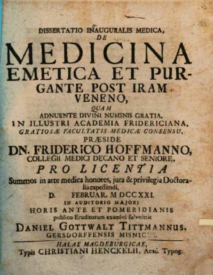 Dissertatio Inauguralis Medica, De Medicina Emetica Et Purgante Post Iram Veneno