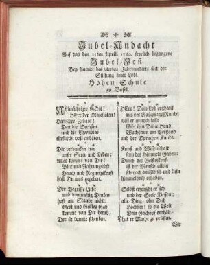 Jubel-Andacht auf das den 15sten Aprill 1760. feyrlich begangene Jubel-Fest. Bey Antritt des vierten Jahrhunderts sint der Stiftung einer Lobl. Hohen Schule zu Basel.