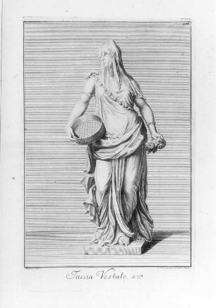 Lindemann, Christian Philipp (Stecher) nach Werner, Anna Maria (Zeichnerin): Tuccia Vestale, Abb. 206. Kupferstich; 395 x 252 mm (Plattenrand). Aus: Leplat, Raymond: Recueil des marbes antiques qui se trouvent dans la Galerie du Roy de Pologne à Dresden avec privilege du roy, l'année 1733. Dresden: Stössel, 1733. Dresden: SLUB 31.gr.2.1