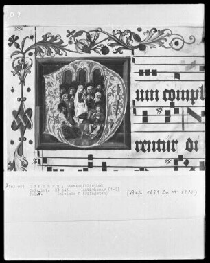 Graduale in zwei Bänden und ein dazugehöriges Antiphonar — Antiphonar aus dem Münchner Clarissinenkloster — Initiale D mit der Ausgießung des heiligen Geistes, Folio 3recto
