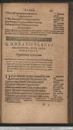 Q. Horatii Flacci Sermonum, Sive Satyrarum Liber I. Argumentum Satyraprime