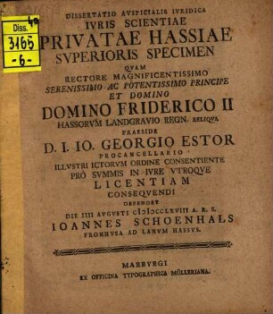 Dissertatio auspicialis iuridica Iuris scientiae privatae Hassiae Superioris specimen