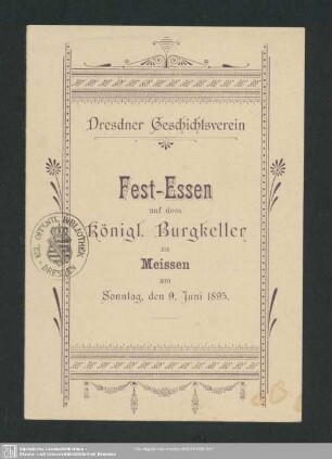 Fest-Essen auf dem Königl. Burgkeller zu Meissen am Sonntag, den 9. Juni 1895