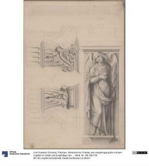 Potsdam. Nikolaikirche. Pilaster der Haupteingangstür mit dem Kapitell im Detail und Engelsfigur am Pilaster im Fenster über der Haupteingangstür