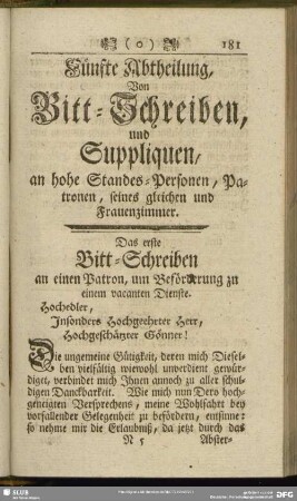Fünfte Abtheilung, Von Bitt-Schreiben, Suppliquen, an hohe Standes-Personen, Patronen, seines gleichen und Frauenzimmer
