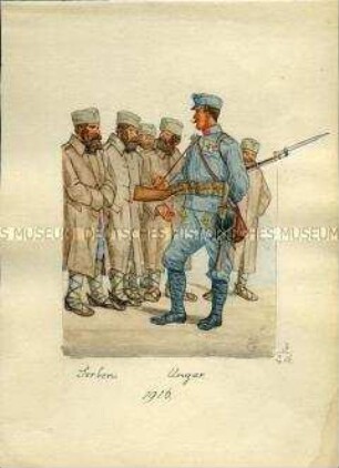 Uniformdarstellung, Ungarischer Infanterist mit gefangenen Serben, Österreich, 1916.