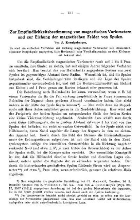 Zur Empfindlichkeitsbestimmung von magnetischen Variometern und zur Eichung der magnetischen Felder von Spulen