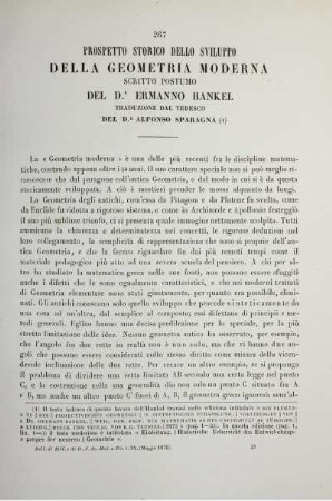 Prospetto storico dello sviluppo della geometria moderna. Scritto postumo del Dr. Ermanno Hankel. Traduzione dal tedesco del Dr. Alfonso Sparagna.