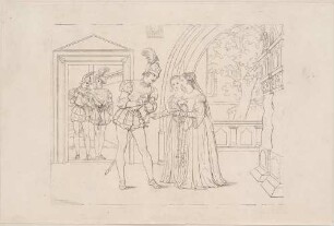 Zu Shakespeares "Othello", Blatt 6, 3. Akt, 3. Szene: Cassio mit Desdemona und Emilia, im Hintergrund links Othello und Jago