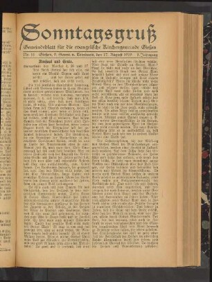 Sonntagsgruß : Gemeindeblatt für die Evangelische Kirchengemeinde Gießen
