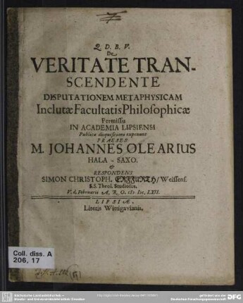 De veritate transcendente disputationem metaphysicam