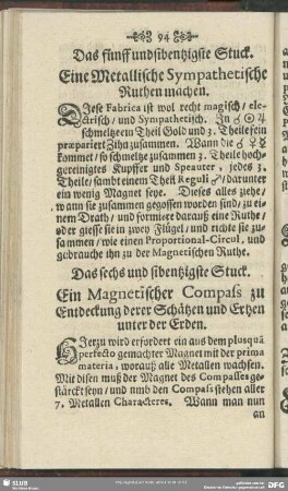 Das fünff und sibentzigste Stuck. Eine Metallische Sympathetische Ruthen machen