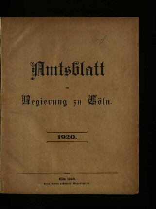 Amtsblatt der Regierung zu Köln Köln / 1920