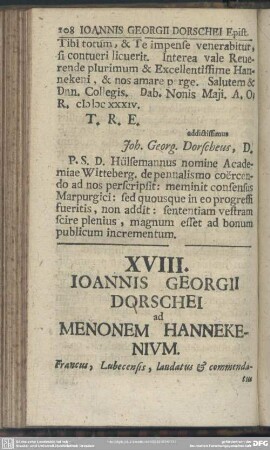 XVIII. Ioannis Georgii Dorschei ad Menonem Hannekenium