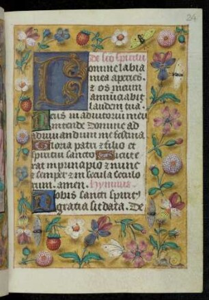 Initialzierseite (De sancto spiritu): D(omine labia mea); Trompe l'oeil-Rahmen mit Blütenzweigen und Insekten