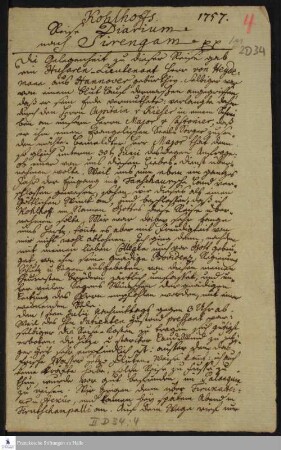 Reisetagebuch von Johann Balthasar Kohlhoff.
