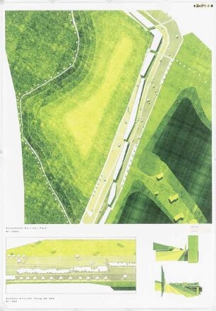 Erholungspark auf der und um die Bauschuttdeponie Arkenberge, Berlin-Pankow Schinkelwettbewerb 1999: Grundriss 1:1000, Schnitt/Ansicht 1:500