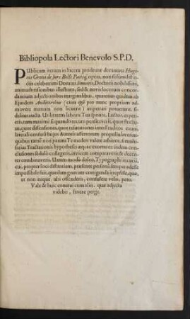 Bibliopola Lectori Benevolo S.P.D.
