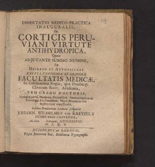 Dissertatio Medico-Practica Inauguralis, De Corticis Peruviani Virtute Antihydropica