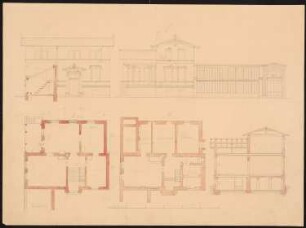 Villa mit Längstrakt im schweizer Stil: Vorder- und Seitenansicht, Schnitt, Grundrisse